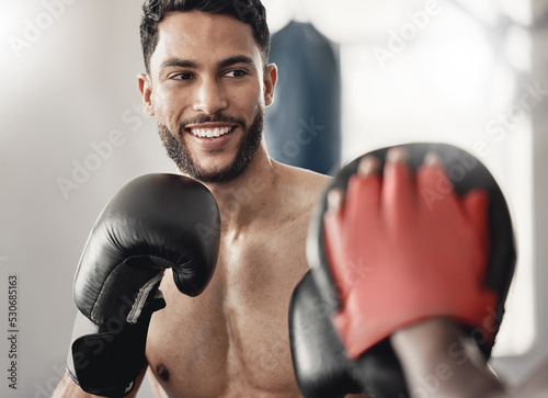 Billede på lærred Boxing man, fight training and coach workout for strong power, happy mma challenge and gym club sparring exercise for combat sports