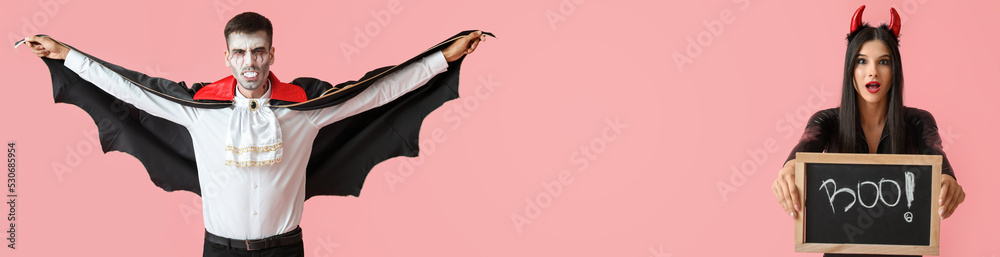 Banner with people in Halloween costumes on pink background Banner with people in Halloween costumes on pink background