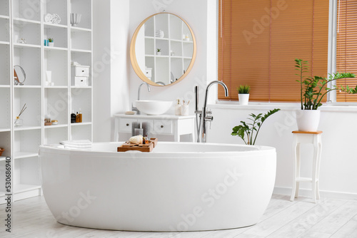 Interior of stylish bathroom with shelving unit and houseplants