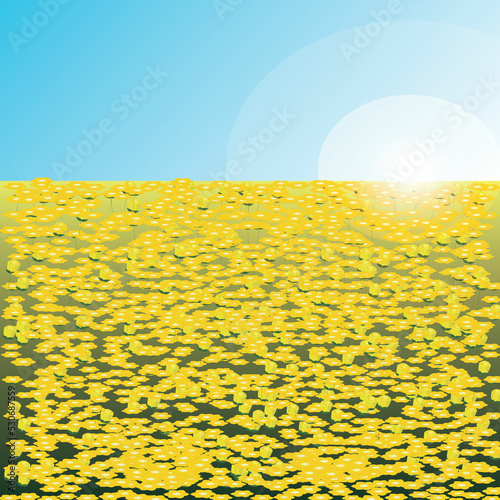 Illustration of flower field with sun and clear sky
