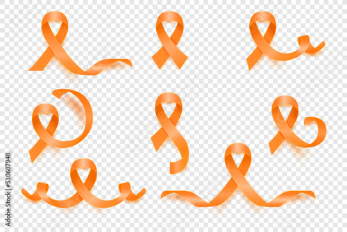 Vector 3d Realistic Orange Ribbon Set. Leukemia Cancer Awareness Symbol Closeup. Cancer Ribbon Template. World Leukemia Cancer Day Concept
