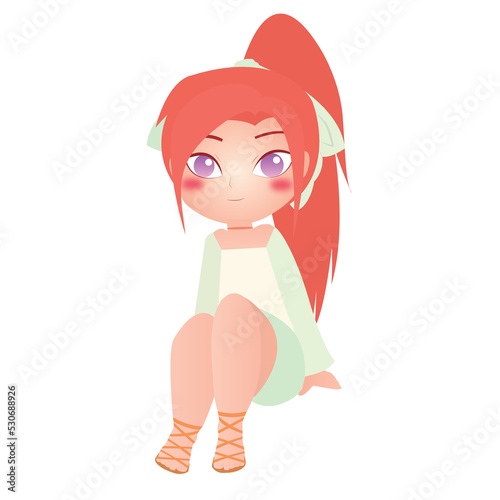 Illustration girl sitting happy thinking with short pants camiza and green bow