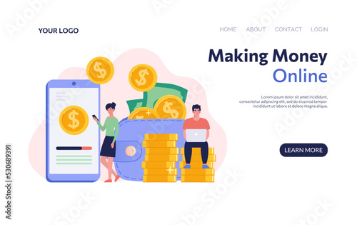 Making money online, freelancing, earning at home, remote work concept. Landing web page design. The girl with a smartphone, and the man with laptop, sitting on a pile of money. Vector flat style.