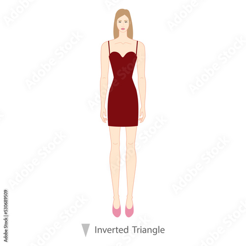 Woman inverted triangle body shape character in dress. Female Vector illustration silhouette 9 nine head size lady figure front view. Vector isolated outline girl for fashion sketching, illustration