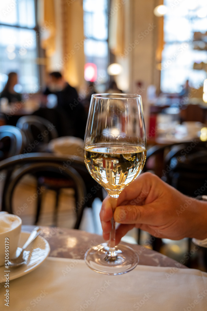 Lifestyle of beautiful Vienna, glass of white dry Austrian wine served in old Viennese-style cafe in Vienna, Austria