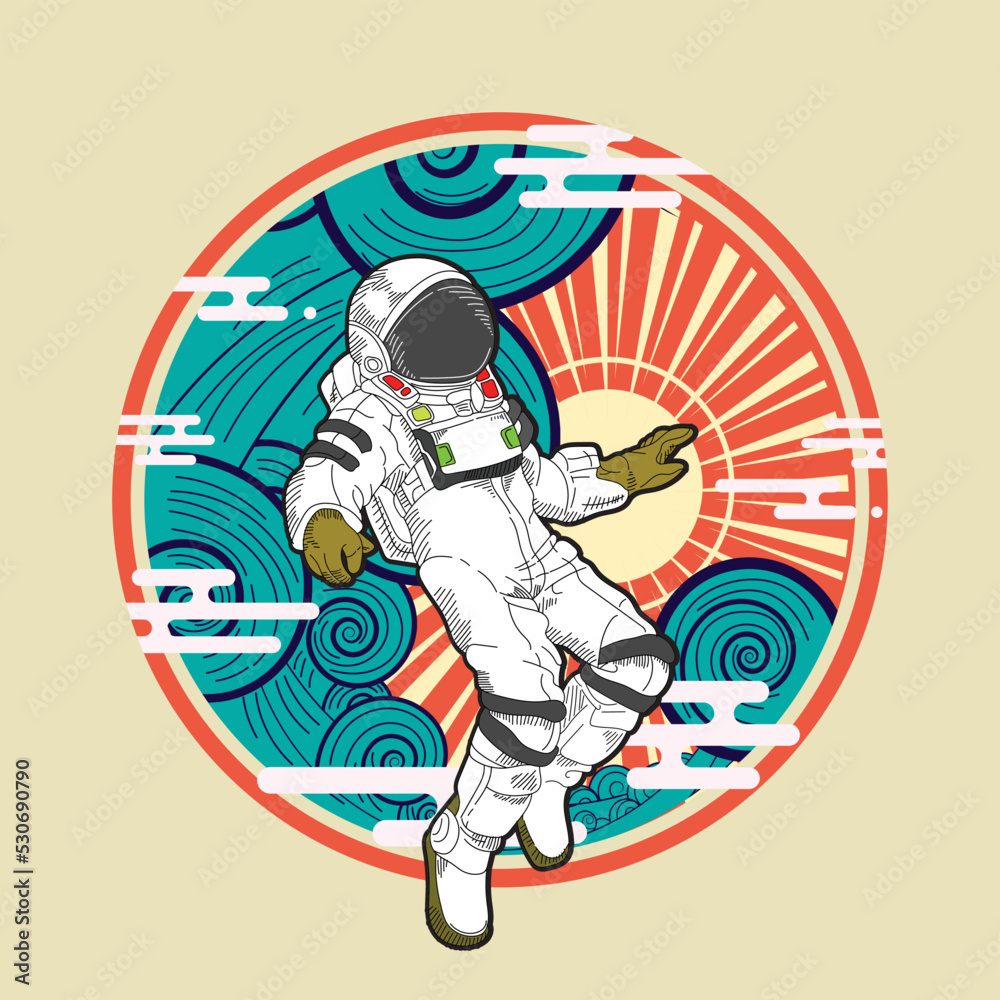 astronout illustration design with japanese style background