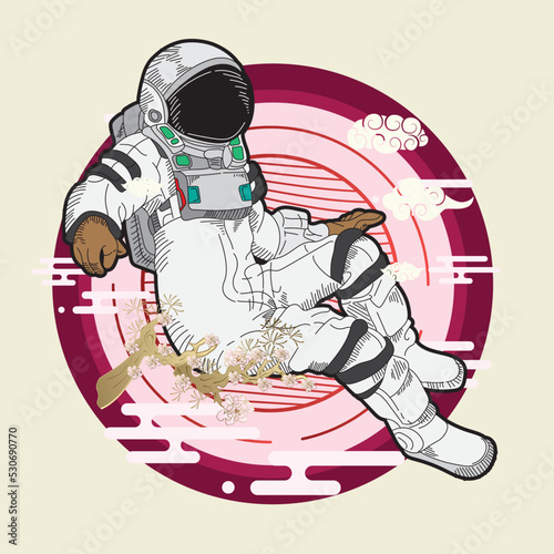 astronout illustration design with japanese style background