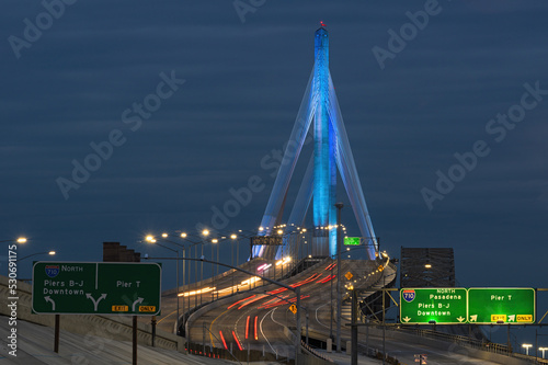 Long Beach, California, United States: Gerald Desmond Bridge taken at dusk in Long Beach, California, USA. Shown on January 31, 2021.