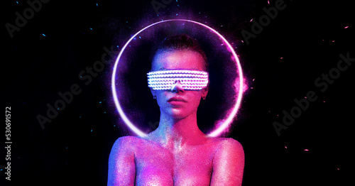 Fotografia, Obraz Hot girl DJ in neon lights with glasses and headphones