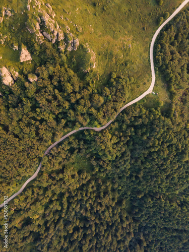 Top down aerial drone view of the road in mountain range trough the trees and forest wild travel rural vacation and nature concept background