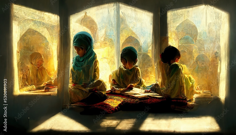 Muslim children in a classroom at school reading, writing, learing and ...