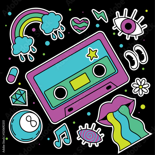 Colored group of groovy emotes and icons Retro cassette Vector