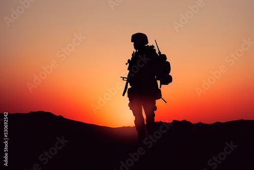 Silhouette of a soldier against the background of sunrise. The concept is protection  patriotism  honor.
