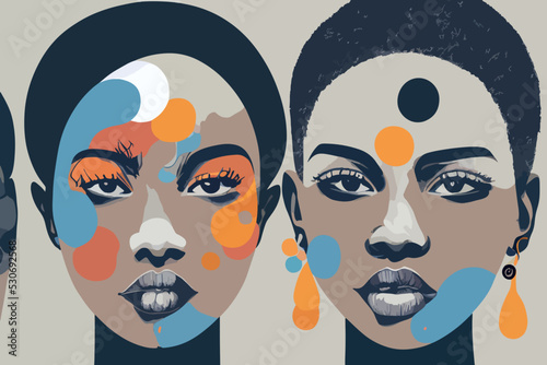 Illustration containing colors and faces of different races in defense of human rights, poster, postcard. Vector image of people of different skin color and ethnicity together. Freedom, independence, 