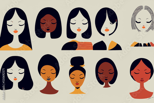Illustration containing colors and faces of different races in defense of human rights, poster, postcard. Vector image of people of different skin color and ethnicity together. Freedom, independence, 