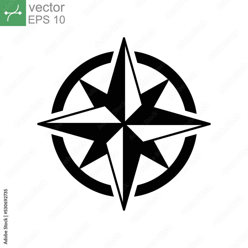 Compass wind rose vector icon solid with North, South, East and West indicated. nautical Direction and navigation for geography exploration. Vector illustration. Design on white background. EPS 10 Compass wind rose vector icon solid with North, South, East and West indicated. nautical Direction and navigation for geography exploration. Vector illustration. Design on white background. EPS 10