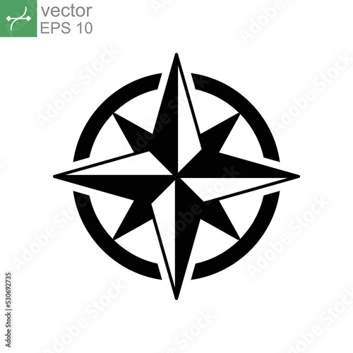 Compass wind rose vector icon solid with North, South, East and West indicated. nautical Direction and navigation for geography exploration. Vector illustration. Design on white background. EPS 10
