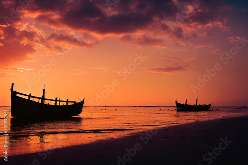 On the seashore, old boats stand in the sunset