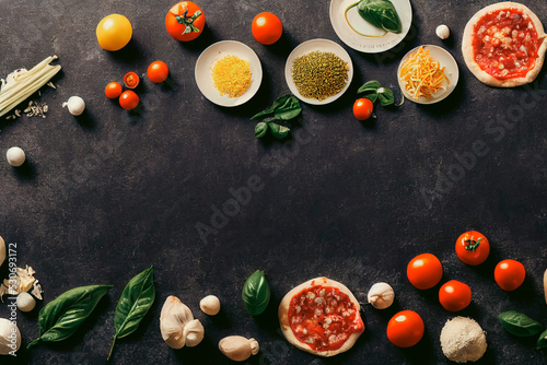 Collage of assorted vegetables isolated on black background. Whole and cut cooking ingredients for pizza. vitamins and eating right concept, top view, copy space