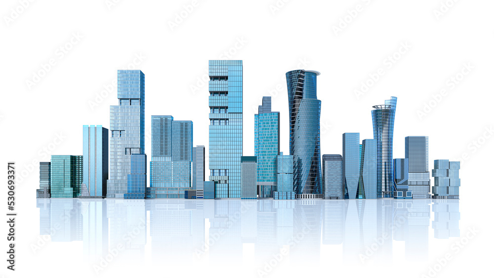 Modern City skyline of skyscrapers isolated at white background. 3d illustration