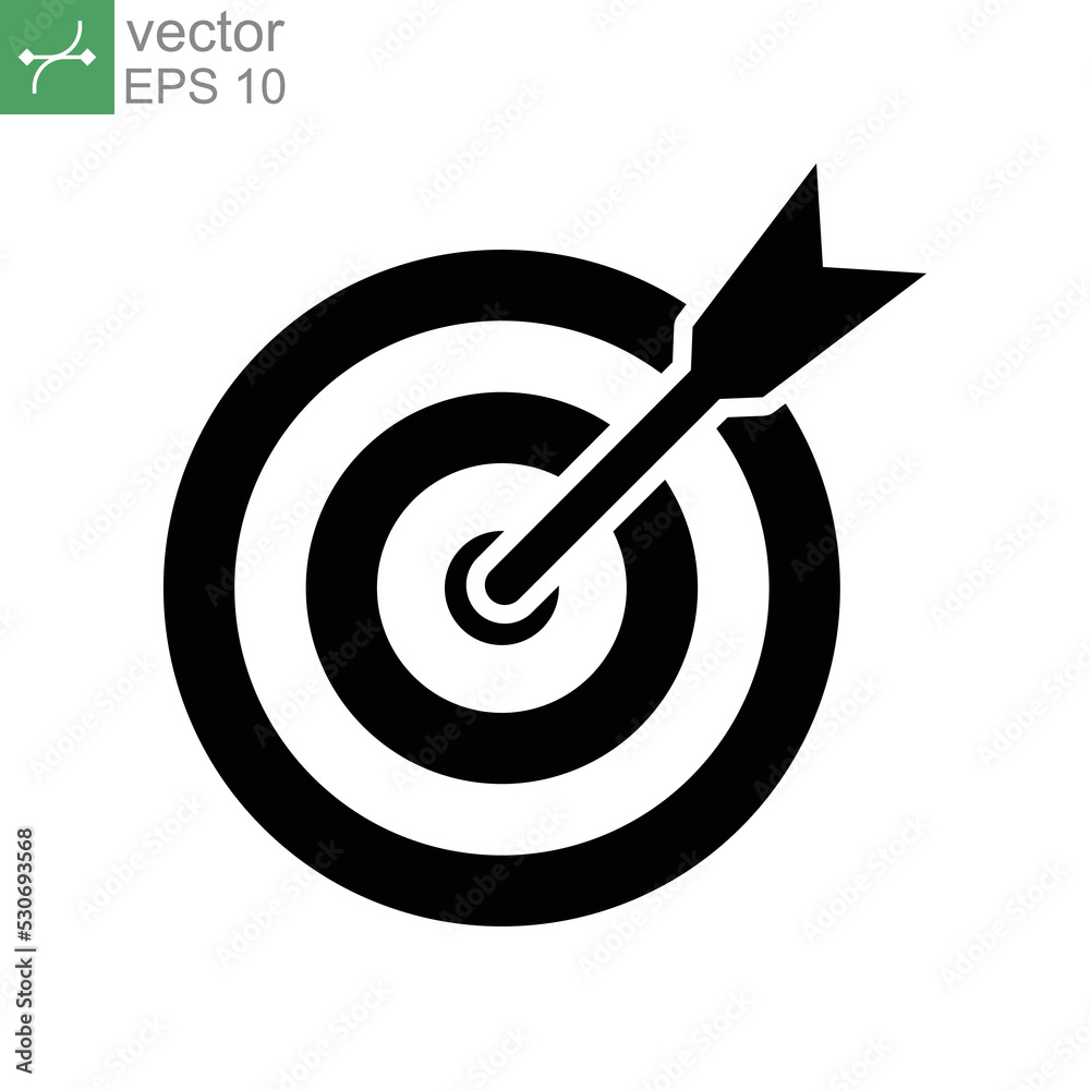 arrow and dartboard in accuracy, accurate shot and perfect focus. symbol of target icon solid, goal strategy, mission. Modern flat design concept. Vector illustration Design on white background EPS 10