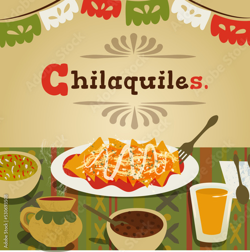 Ilustración mesa con chilaquiles. Comida de desayuno mexicano.