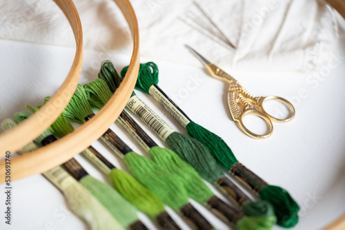 madejas de hilo para bordar en colores verdes con bastidor o aro de madera, tijeras y agujas   photo