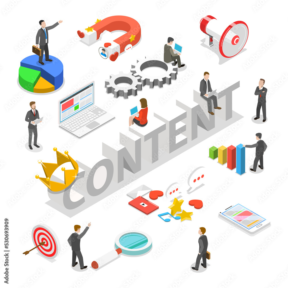 Content is king flat isometric concept. Content is king flat isometric concept.