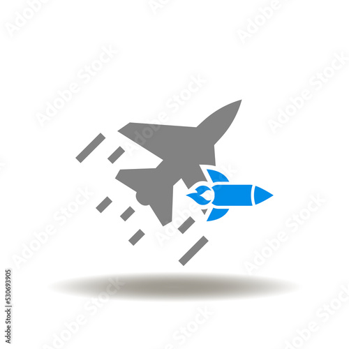 Vector illustration of air fighter with high precision projectile rocket. Icon of military bomber fast strike. Symbol of deadly rocket strike.