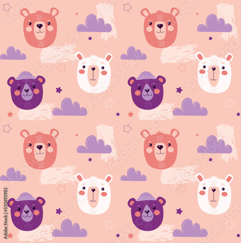 Seamless pattern with cute bears. Pink repeat template with polar bear or wild animal muzzles, strokes and purple clouds. Design element for printing on fabric. Cartoon flat vector illustration