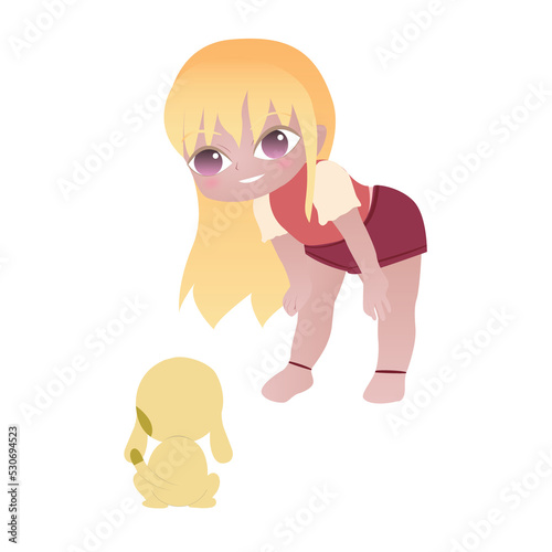 Girl illustrated with short pants, blond playing and training with her dog