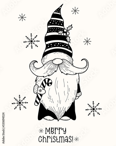 Merry Christmas. Cute Gnomes Santa Claus with caramel stick. Cute Cartoon vector illustration, hand drawn in doodle style. For Christmas and New Year design, decor, postcards and print