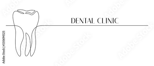 One continuous line drawing of tooth. Dental clinic logo or oral health and hygiene concepr in simple linear style. World Dentist Day template. Editable stroke. Doodle vector illustration