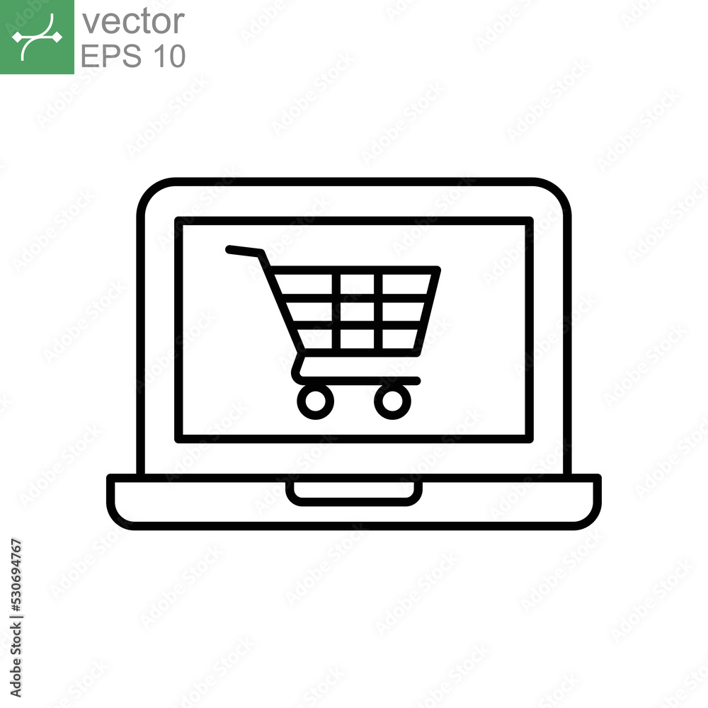 Trolley on monitor screen for shopping advertisement in e-commerce, online shopping icon line. Monitor and shopping cart, trolley. Vector illustration. Design on white background. EPS 10 Trolley on monitor screen for shopping advertisement in e-commerce, online shopping icon line. Monitor and shopping cart, trolley. Vector illustration. Design on white background. EPS 10