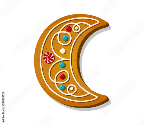 Christmas gingerbread cookie in shape of moon. Winter homemade sweet biscuit isolated on white background. Cartoon Vector illustration