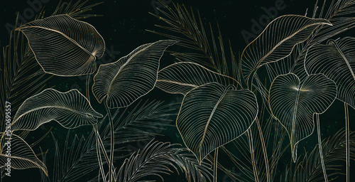 Dark art background in blue tones with tropical leaves in gold line art style. Botanical exotic banner for wallpaper design, decor, print, packaging, interior design, textile..