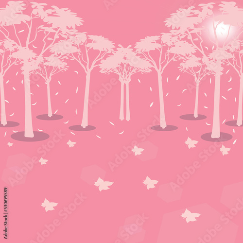 illustrated background trees with pink landscape and street leaves