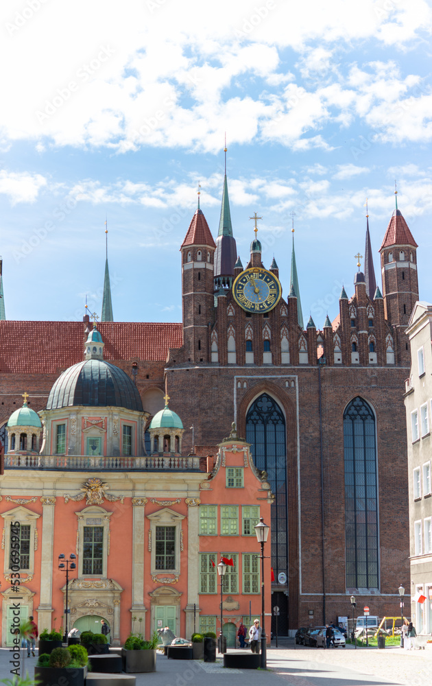 Colorful facades and buildings in old central part of Gdansk city, Poland