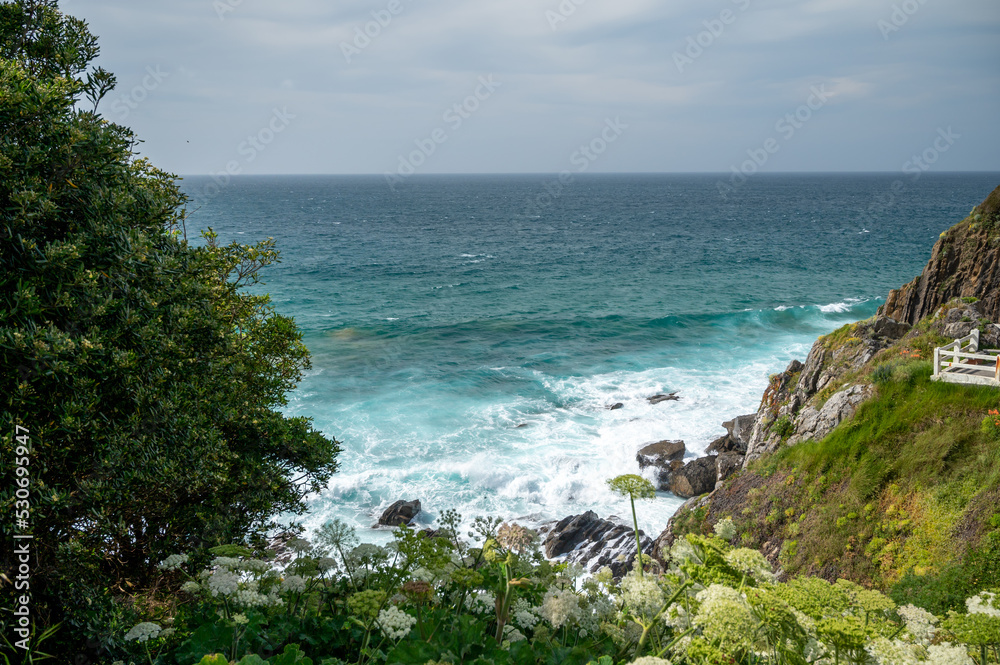 Naklejka premium Storm in Atlantic ocean bay in Bakio, small touristic village near Bilbao, Basque Country, Spain