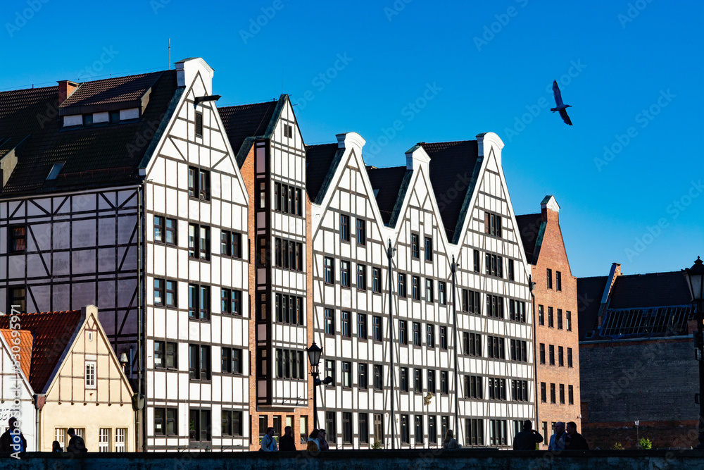 Colorful facades and buildings in old central part of Gdansk city, Poland