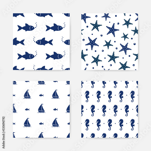 Nautical seamless patterns set. Fish, seahorse, starfish, boat elements. Blue oceanic seamless backgrounds.