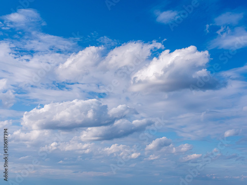 Cumulus clouds against the blue sky. Scenic sky with cumulus clouds