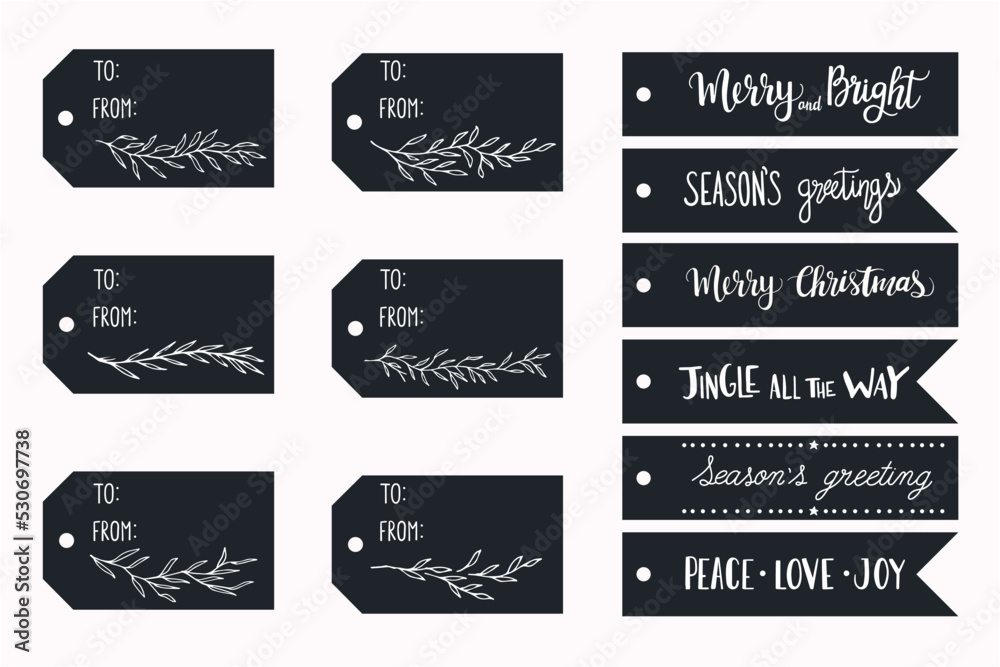 Obraz premium Set christmas gift tags set with hand drawn doodles leafs and lettering. Vector hand drawn illustration 