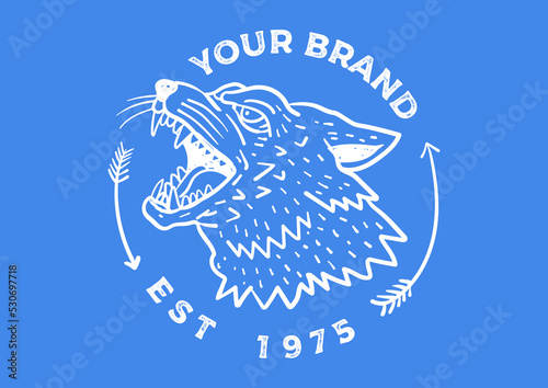 Old wilderness label with wolf. Vintage style howling wolf logo. Graphic print design for t-shirts  mugs etc.Hand drawn insignia  rustic design. Vector Letterpress effect