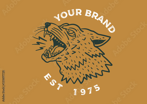 Old wilderness label with wolf. Vintage style howling wolf logo. Graphic print design for t-shirts  mugs etc.Hand drawn insignia  rustic design. Vector Letterpress effect