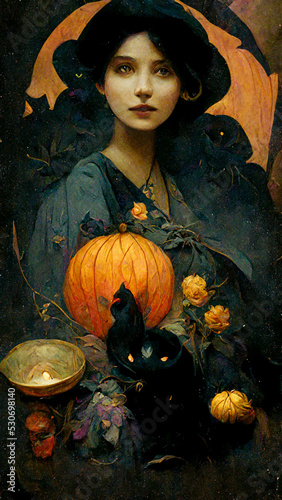 Halloween painting of a beautiful woman with pumpkin in foreground