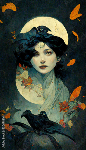 Fotografia Halloween painting of beautiful witch sorceress in front of moon with harvest le
