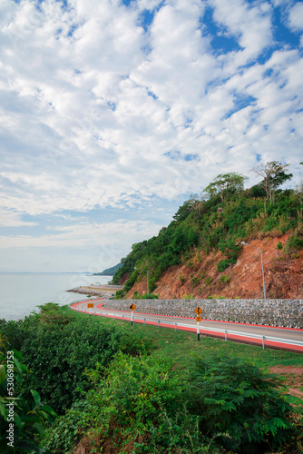 Bicycle lane bicycle path and coastal road in thailand, bicycle road by the beach.
