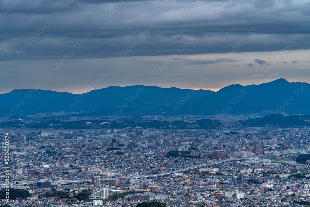View of Fukuoka city from hill in the evening.