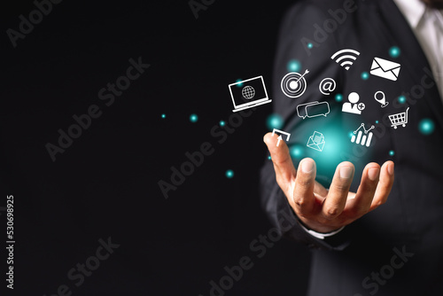 Businessman with notification social multimedia icons internet connection application digital network marketing online communication.